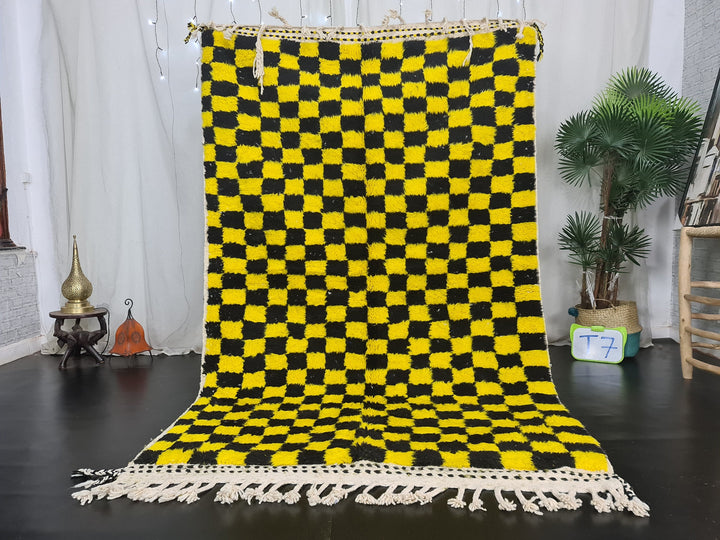 Beni Ourain Rug, Moroccan Rug, Wool Rug, Authentic Checkered Carpet, Bright Yellow and Black Rug, Handmade Rug, Berber carpet, Bohemian Rug