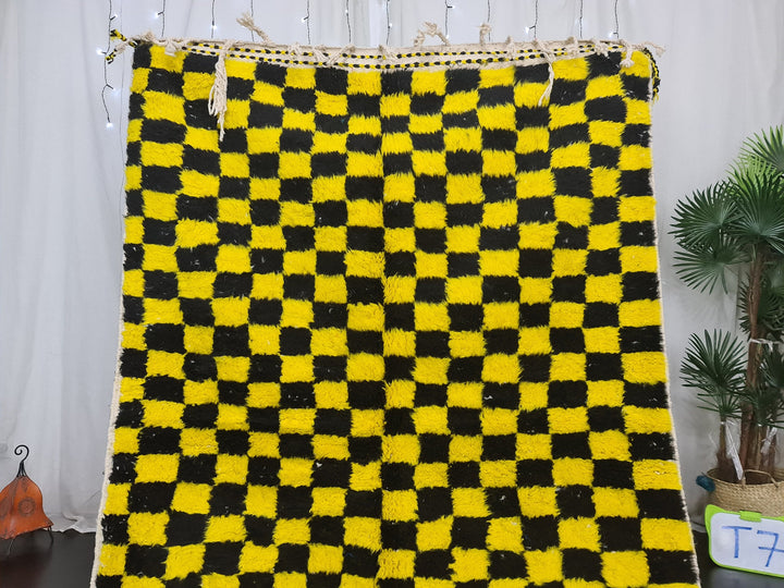 Beni Ourain Rug, Moroccan Rug, Wool Rug, Authentic Checkered Carpet, Bright Yellow and Black Rug, Handmade Rug, Berber carpet, Bohemian Rug