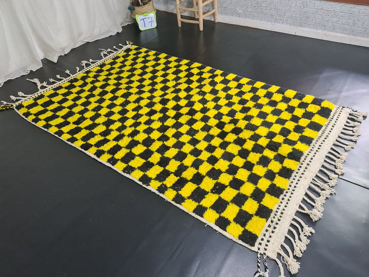 Beni Ourain Rug, Moroccan Rug, Wool Rug, Authentic Checkered Carpet, Bright Yellow and Black Rug, Handmade Rug, Berber carpet, Bohemian Rug