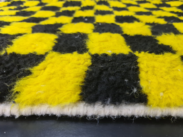 Beni Ourain Rug, Moroccan Rug, Wool Rug, Authentic Checkered Carpet, Bright Yellow and Black Rug, Handmade Rug, Berber carpet, Bohemian Rug