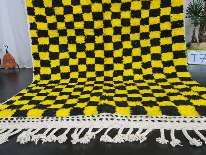 Beni Ourain Rug, Moroccan Rug, Wool Rug, Authentic Checkered Carpet, Bright Yellow and Black Rug, Handmade Rug, Berber carpet, Bohemian Rug