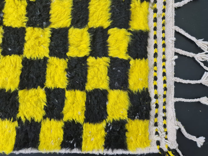 Beni Ourain Rug, Moroccan Rug, Wool Rug, Authentic Checkered Carpet, Bright Yellow and Black Rug, Handmade Rug, Berber carpet, Bohemian Rug