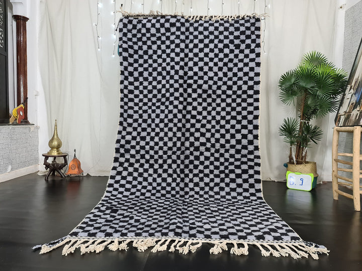 Moroccan Beni Ourain Rug  Scandinavian Area Rug  Gray and Black Rug  Wool Area Rug  Handmade Checkered Rug  Dining Room Decor