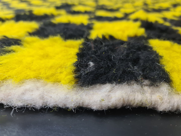 Beni Ourain Rug, Moroccan Rug, Wool Rug, Authentic Checkered Carpet, Bright Yellow and Black Rug, Handmade Rug, Berber carpet, Bohemian Rug