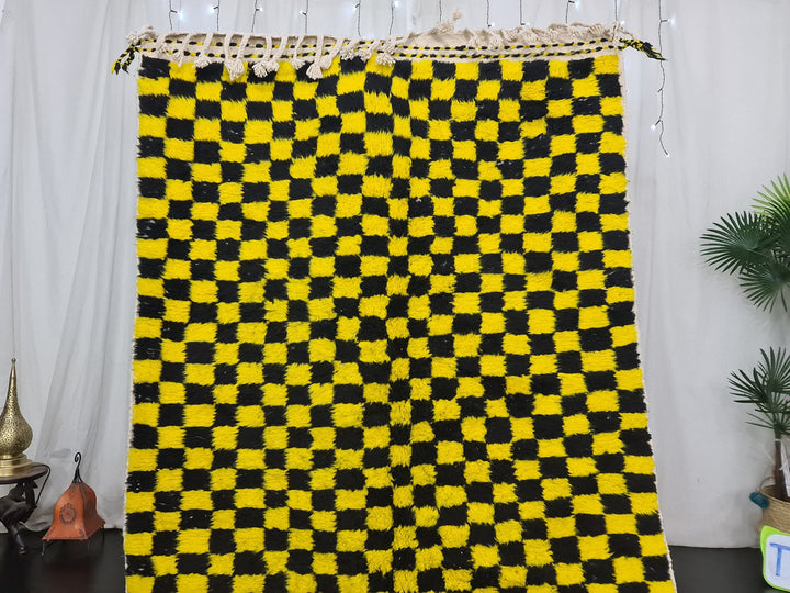 Beni Ourain Rug, Moroccan Rug, Wool Rug, Authentic Checkered Carpet, Bright Yellow and Black Rug, Handmade Rug, Berber carpet, Bohemian Rug