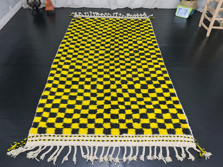 Beni Ourain Rug, Moroccan Rug, Wool Rug, Authentic Checkered Carpet, Bright Yellow and Black Rug, Handmade Rug, Berber carpet, Bohemian Rug