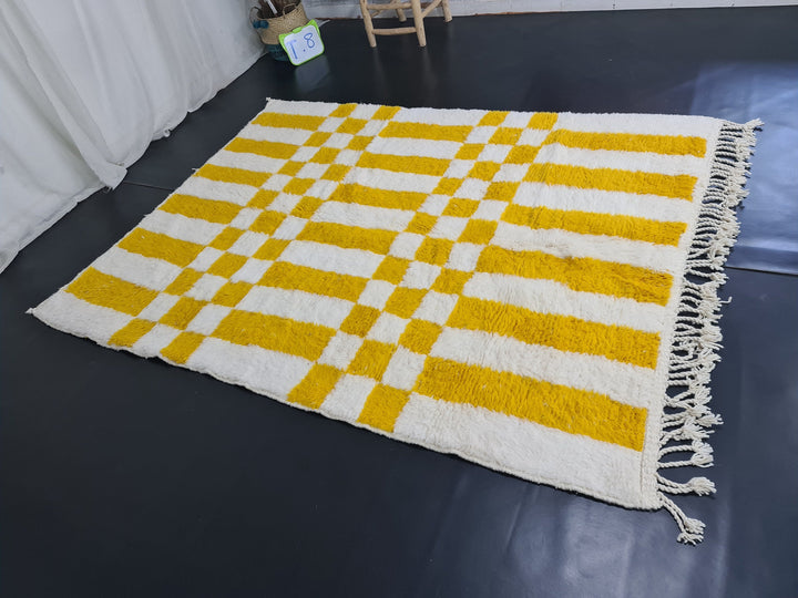 Vibrant Beni Ourain Rug, Moroccan Handmade Carpet, Yolk Yellow Rug, Berber Wool Rug, Square Checkered Rug, Tapis berbere