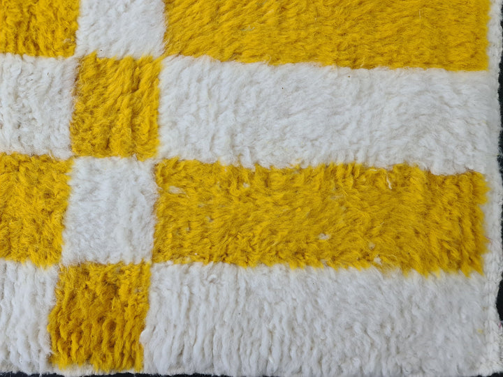 Vibrant Beni Ourain Rug, Moroccan Handmade Carpet, Yolk Yellow Rug, Berber Wool Rug, Square Checkered Rug, Tapis berbere