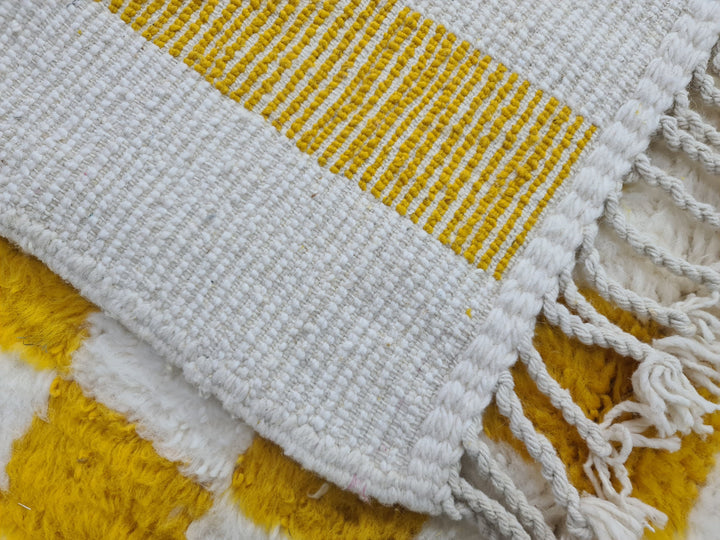 Vibrant Beni Ourain Rug, Moroccan Handmade Carpet, Yolk Yellow Rug, Berber Wool Rug, Square Checkered Rug, Tapis berbere