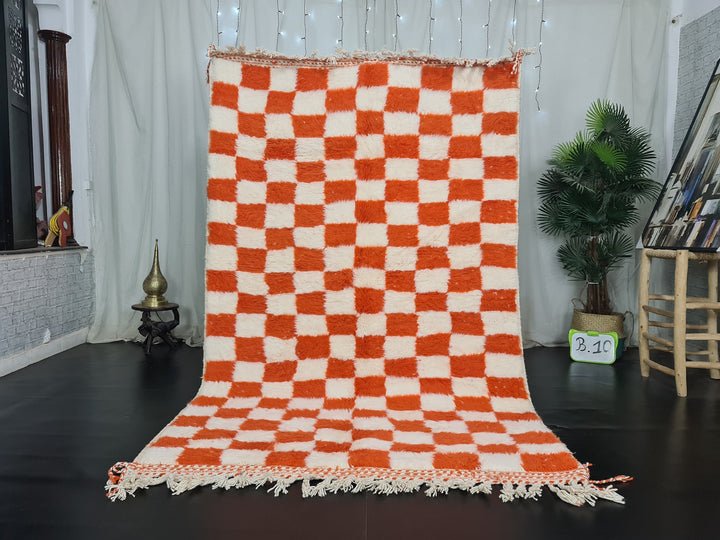 Moroccan Beniourain Rug  Scandinavian Area Rug  White and Bright Orange Rug  Wool Area Rug  Handmade Checkered Rug  Dining Room Decor