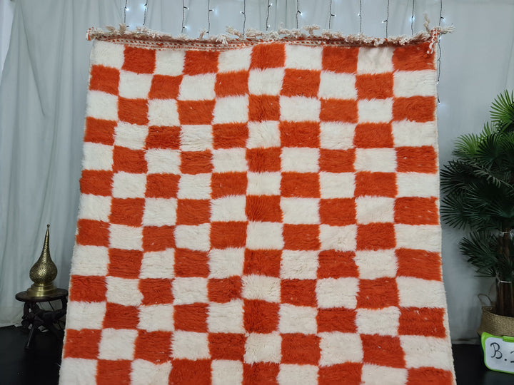 Moroccan Beniourain Rug  Scandinavian Area Rug  White and Bright Orange Rug  Wool Area Rug  Handmade Checkered Rug  Dining Room Decor