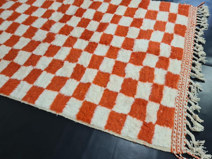 Moroccan Beniourain Rug  Scandinavian Area Rug  White and Bright Orange Rug  Wool Area Rug  Handmade Checkered Rug  Dining Room Decor