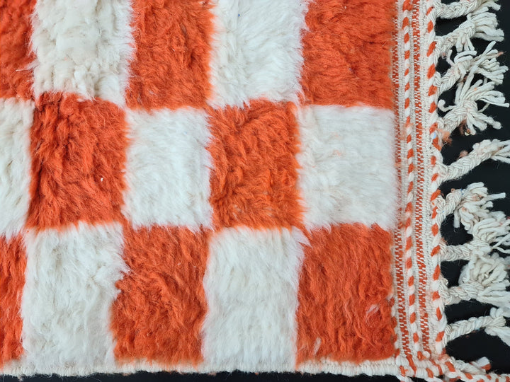 Moroccan Beniourain Rug  Scandinavian Area Rug  White and Bright Orange Rug  Wool Area Rug  Handmade Checkered Rug  Dining Room Decor