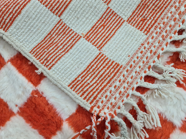 Moroccan Beniourain Rug  Scandinavian Area Rug  White and Bright Orange Rug  Wool Area Rug  Handmade Checkered Rug  Dining Room Decor