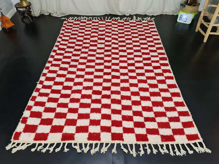 MOROCCAN HANDMADE RUG  Sheep Wool Rug Moroccan Rug  White and Red Rug  Checkered Rug, Berber Rug  Tapis Marocain  Beni Ourain Rug