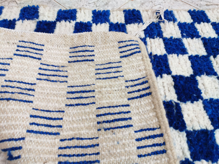 Large Blue and white Checkered rug, Moroccan Berber checkered rug, Checker board Rug, Sheep Wool Rug, Beniourain rug, Moroccan Handmade Rug.