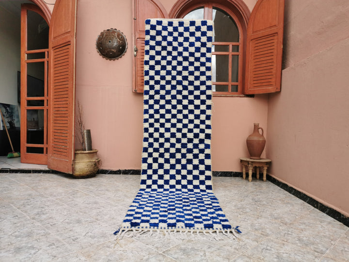 Large Blue and white Checkered rug, Moroccan Berber checkered rug, Checker board Rug, Sheep Wool Rug, Beniourain rug, Moroccan Handmade Rug.