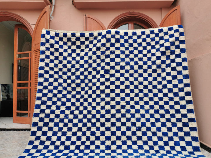 Large Blue and white Checkered rug, Moroccan Berber checkered rug, Checker board Rug, Sheep Wool Rug, Beniourain rug, Moroccan Handmade Rug.