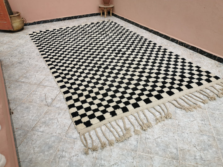 Large black and white checkered rug, Moroccan Berber checkered rug, Checkered area rug Checkerboard Rug beniourain rug, Soft Colored Rug