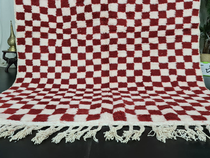 Checkered Moroccan Rug, Handmade Rug, Beni Ourain Rug, Bohemian Carpet, White and Dark Red Rug, Berber Rug, Tapis Marocain