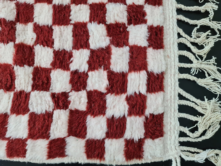 Checkered Moroccan Rug, Handmade Rug, Beni Ourain Rug, Bohemian Carpet, White and Dark Red Rug, Berber Rug, Tapis Marocain