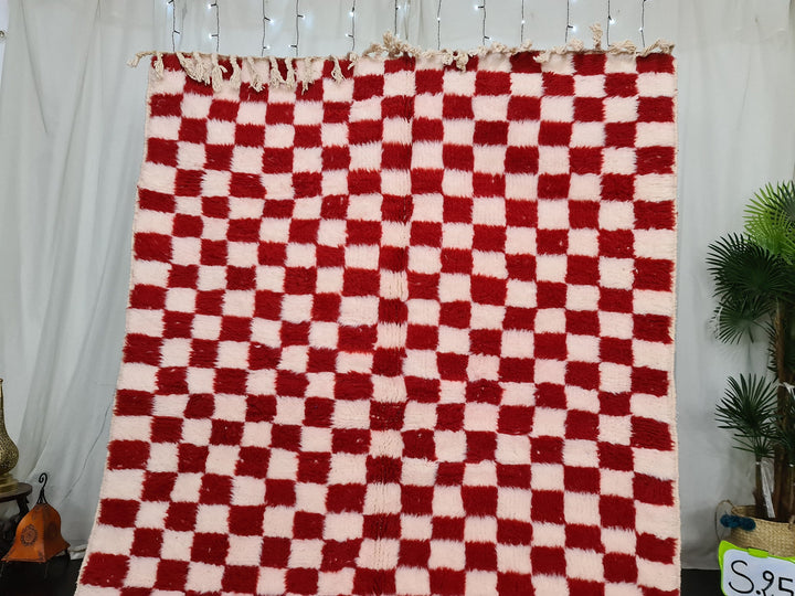 Authentic Beniourain Rug, Berber Rug, Moroccan Rug,Tribal Rug, Checkered Rug,Unique Handmade Moroccan Rug, Beni Ourain Rug, White  Red Wool