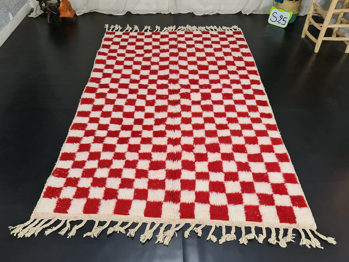 Authentic Beniourain Rug, Berber Rug, Moroccan Rug,Tribal Rug, Checkered Rug,Unique Handmade Moroccan Rug, Beni Ourain Rug, White  Red Wool