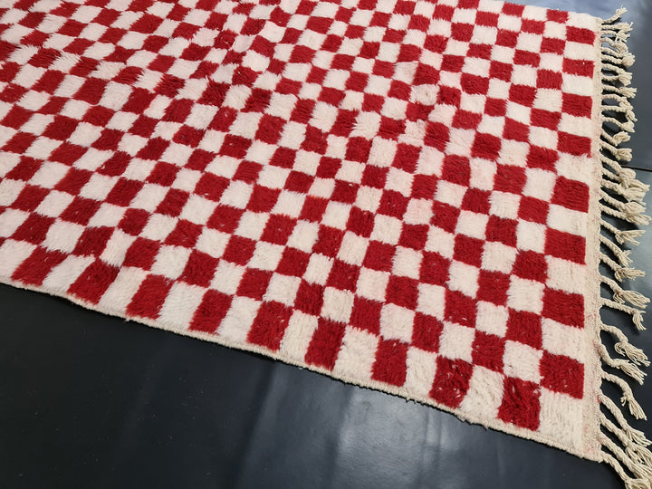 Authentic Beniourain Rug, Berber Rug, Moroccan Rug,Tribal Rug, Checkered Rug,Unique Handmade Moroccan Rug, Beni Ourain Rug, White  Red Wool