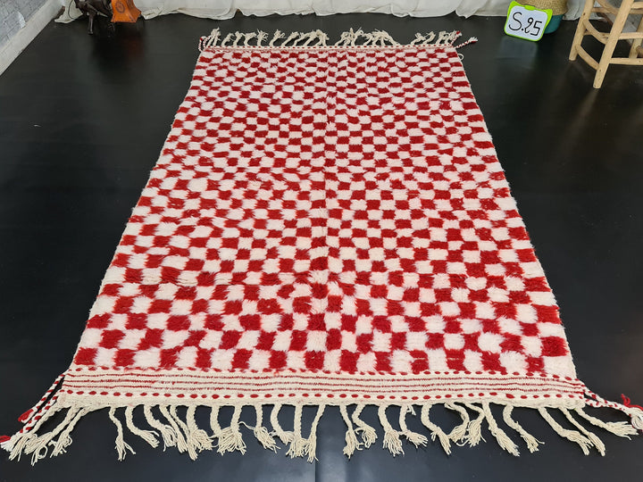 Moroccan Handmade Carpet, Red and White Rug, Beni Ourain Rug, Checkered Rug, Sheep Wool Rug, White Wool, Tapis Berbere, Teppish Marokko.