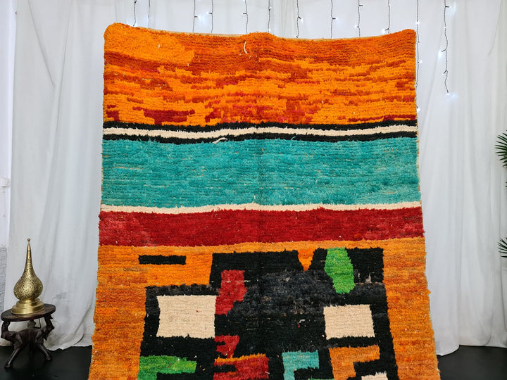 Artistic Moroccan Rug , Boujaad Wool Rug, Abstract Tribal rug, Vibrant Orange Rug, Moroccan Handmade Rug, Berber carpet, Tapis Marocain.