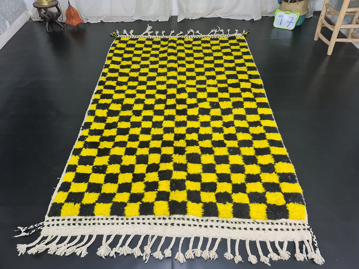 Beni Ourain Rug, Moroccan Rug, Wool Rug, Authentic Checkered Carpet, Bright Yellow and Black Rug, Handmade Rug, Berber carpet, Bohemian Rug