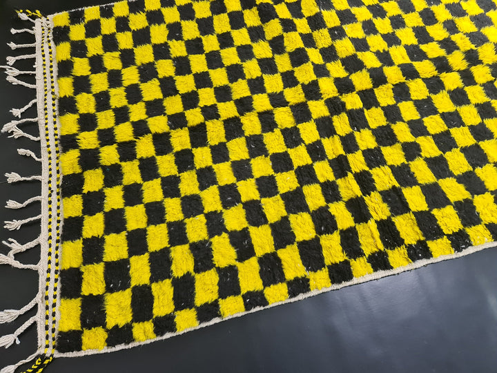 Beni Ourain Rug, Moroccan Rug, Wool Rug, Authentic Checkered Carpet, Bright Yellow and Black Rug, Handmade Rug, Berber carpet, Bohemian Rug