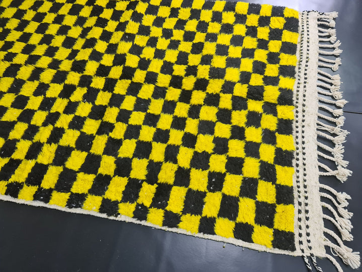 Beni Ourain Rug, Moroccan Rug, Wool Rug, Authentic Checkered Carpet, Bright Yellow and Black Rug, Handmade Rug, Berber carpet, Bohemian Rug