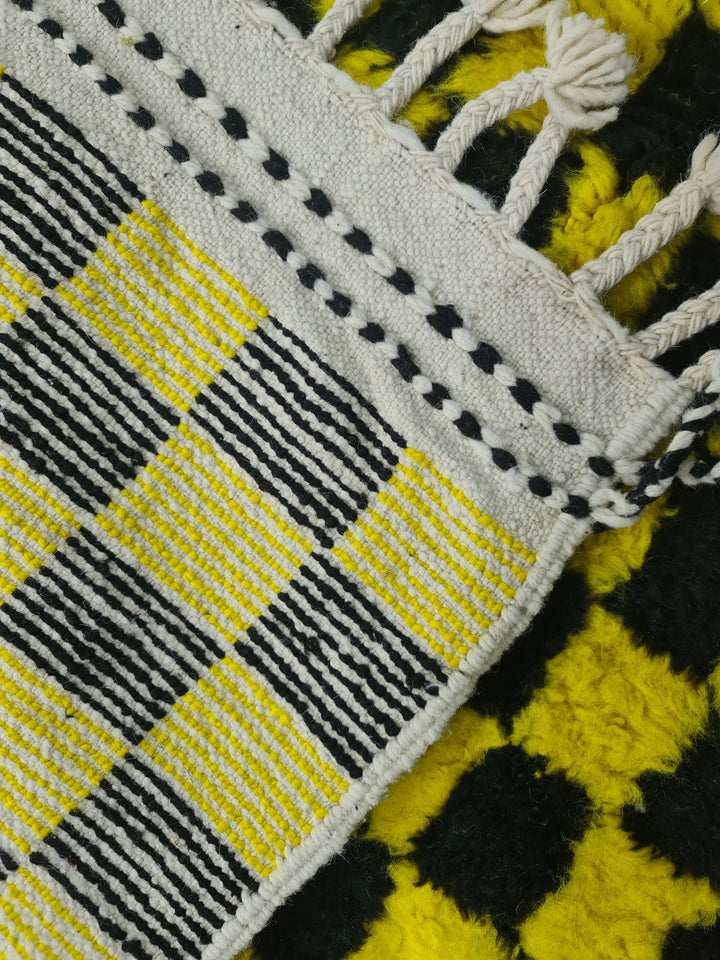 Beni Ourain Rug, Moroccan Rug, Wool Rug, Authentic Checkered Carpet, Bright Yellow and Black Rug, Handmade Rug, Berber carpet, Bohemian Rug