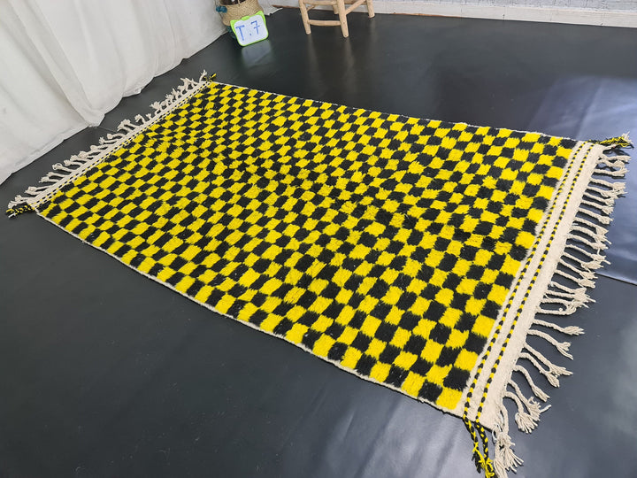 Beni Ourain Rug, Moroccan Rug, Wool Rug, Authentic Checkered Carpet, Bright Yellow and Black Rug, Handmade Rug, Berber carpet, Bohemian Rug