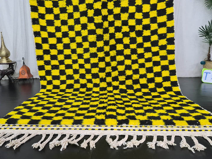 Beni Ourain Rug, Moroccan Rug, Wool Rug, Authentic Checkered Carpet, Bright Yellow and Black Rug, Handmade Rug, Berber carpet, Bohemian Rug