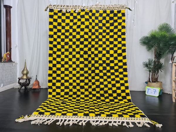 Beni Ourain Rug, Moroccan Rug, Wool Rug, Authentic Checkered Carpet, Bright Yellow and Black Rug, Handmade Rug, Berber carpet, Bohemian Rug