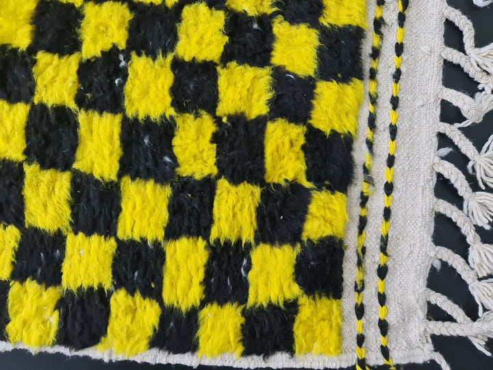 Beni Ourain Rug, Moroccan Rug, Wool Rug, Authentic Checkered Carpet, Bright Yellow and Black Rug, Handmade Rug, Berber carpet, Bohemian Rug