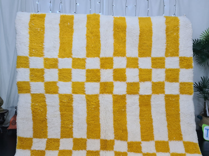 Vibrant Beni Ourain Rug, Moroccan Handmade Carpet, Yolk Yellow Rug, Berber Wool Rug, Square Checkered Rug, Tapis berbere