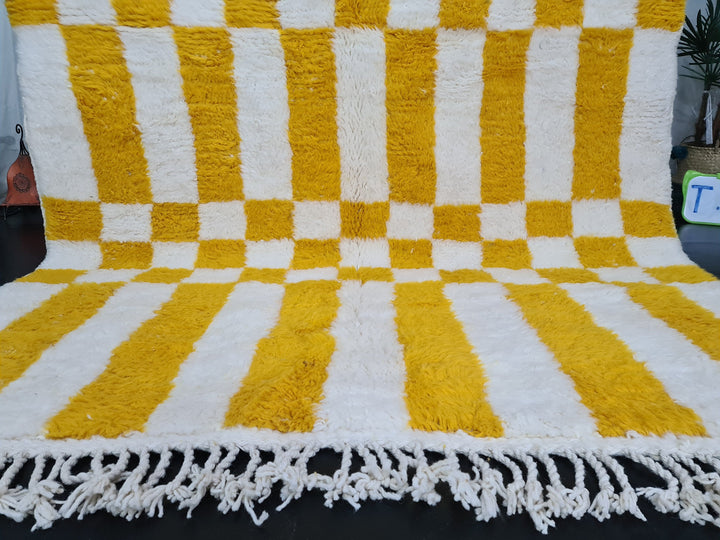 Vibrant Beni Ourain Rug, Moroccan Handmade Carpet, Yolk Yellow Rug, Berber Wool Rug, Square Checkered Rug, Tapis berbere