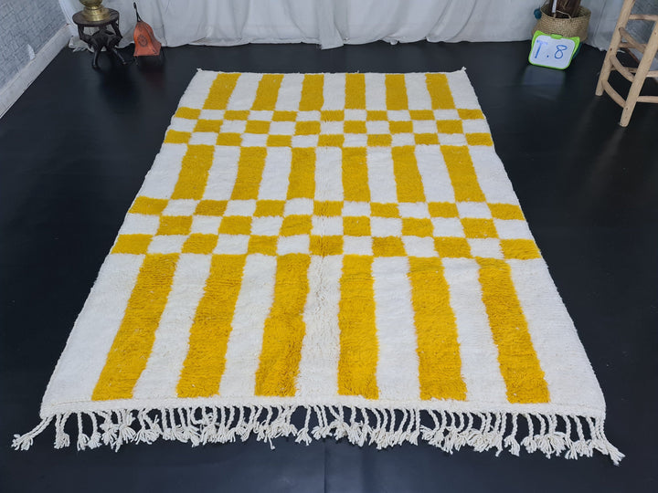 Vibrant Beni Ourain Rug, Moroccan Handmade Carpet, Yolk Yellow Rug, Berber Wool Rug, Square Checkered Rug, Tapis berbere