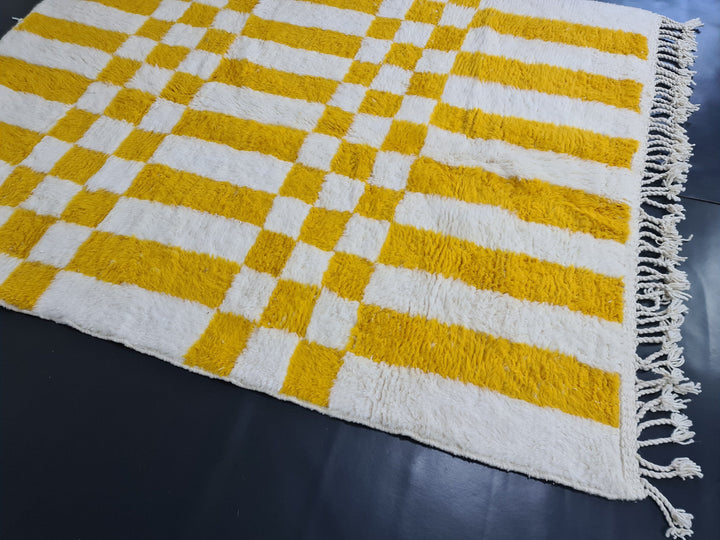 Vibrant Beni Ourain Rug, Moroccan Handmade Carpet, Yolk Yellow Rug, Berber Wool Rug, Square Checkered Rug, Tapis berbere