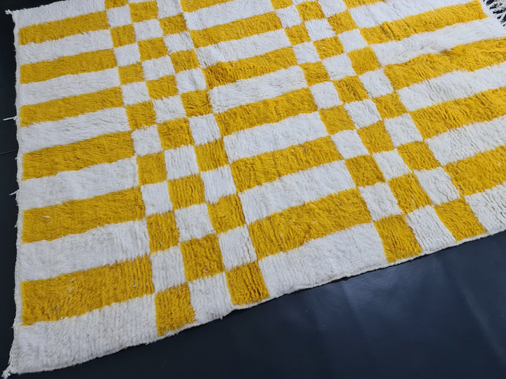 Vibrant Beni Ourain Rug, Moroccan Handmade Carpet, Yolk Yellow Rug, Berber Wool Rug, Square Checkered Rug, Tapis berbere