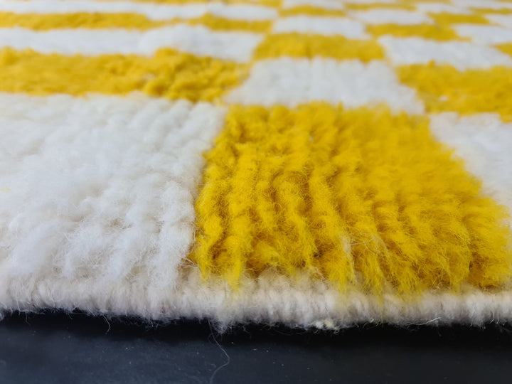 Vibrant Beni Ourain Rug, Moroccan Handmade Carpet, Yolk Yellow Rug, Berber Wool Rug, Square Checkered Rug, Tapis berbere