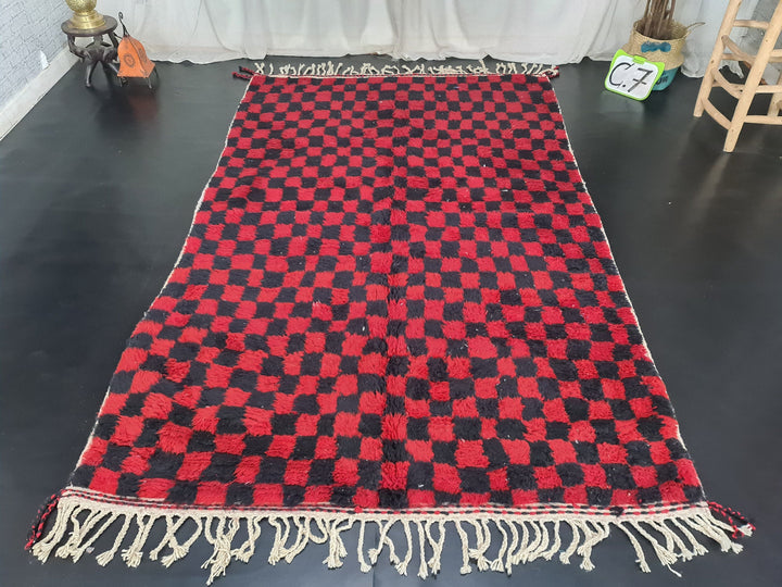 Moroccan Beni Ourain Rug, Checkered Handmade Rug, Red and Black Rug, Tribal Rug, Sheep Wool Rug, Berber Rug, Tapis Marocain, Teppish Marokko