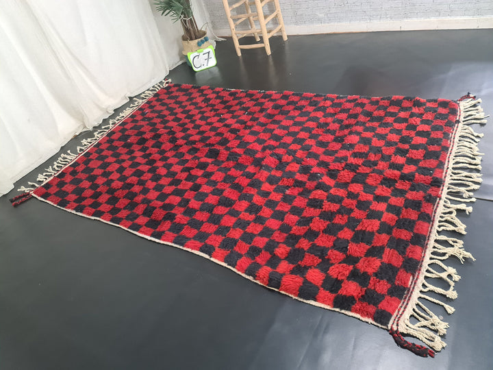 Moroccan Beni Ourain Rug, Checkered Handmade Rug, Red and Black Rug, Tribal Rug, Sheep Wool Rug, Berber Rug, Tapis Marocain, Teppish Marokko