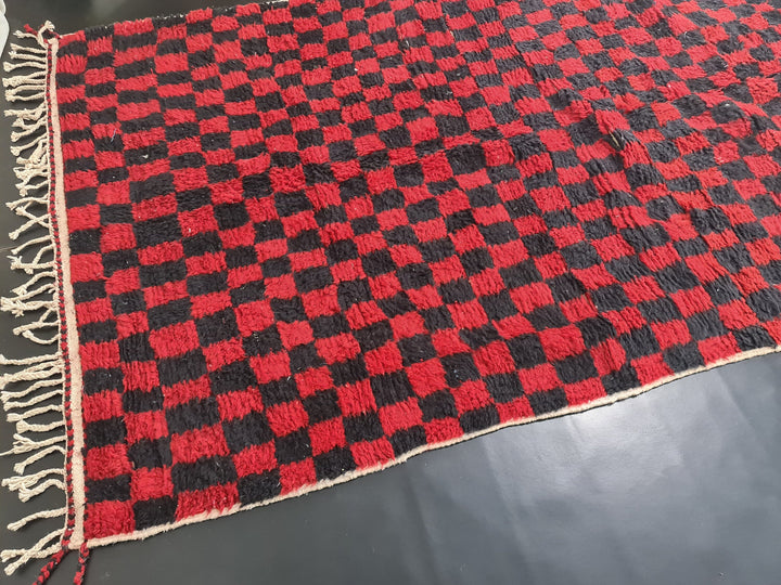 Moroccan Beni Ourain Rug, Checkered Handmade Rug, Red and Black Rug, Tribal Rug, Sheep Wool Rug, Berber Rug, Tapis Marocain, Teppish Marokko