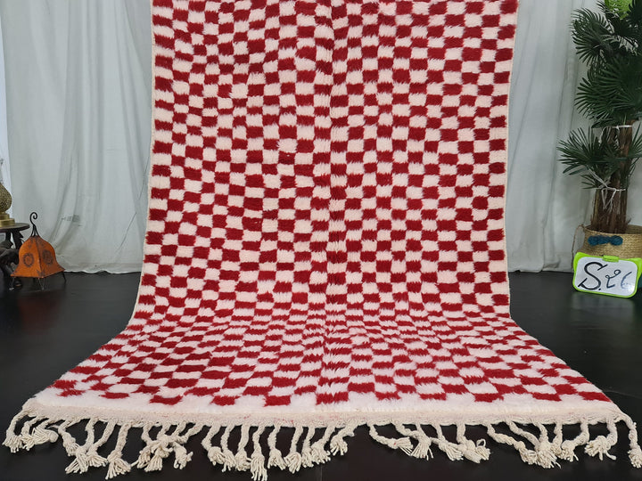 Authentic Beniourain Rug, Berber Rug, Moroccan Rug,Tribal Rug, Checkered Rug,Unique Handmade Moroccan Rug, Beni Ourain Rug, White  Red Wool