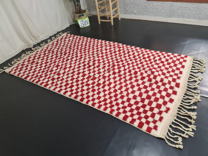 Authentic Beniourain Rug, Berber Rug, Moroccan Rug,Tribal Rug, Checkered Rug,Unique Handmade Moroccan Rug, Beni Ourain Rug, White  Red Wool