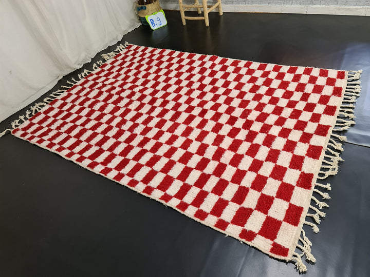 MOROCCAN HANDMADE RUG  Sheep Wool Rug Moroccan Rug  White and Red Rug  Checkered Rug, Berber Rug  Tapis Marocain  Beni Ourain Rug